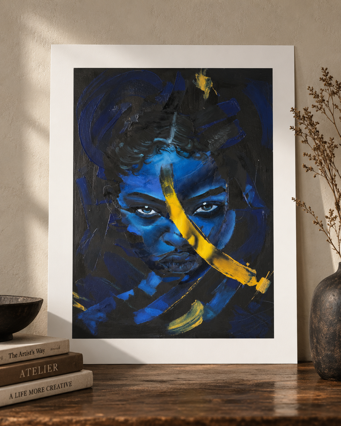 Blue Rupture art print displayed on a tabletop