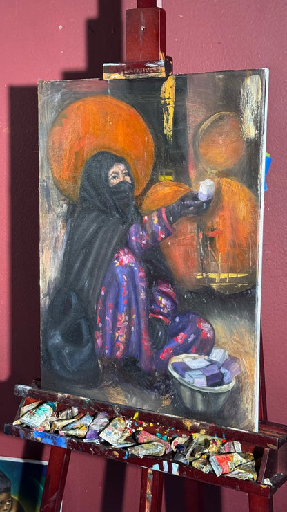 Found in the Medina original painting displayed on easel